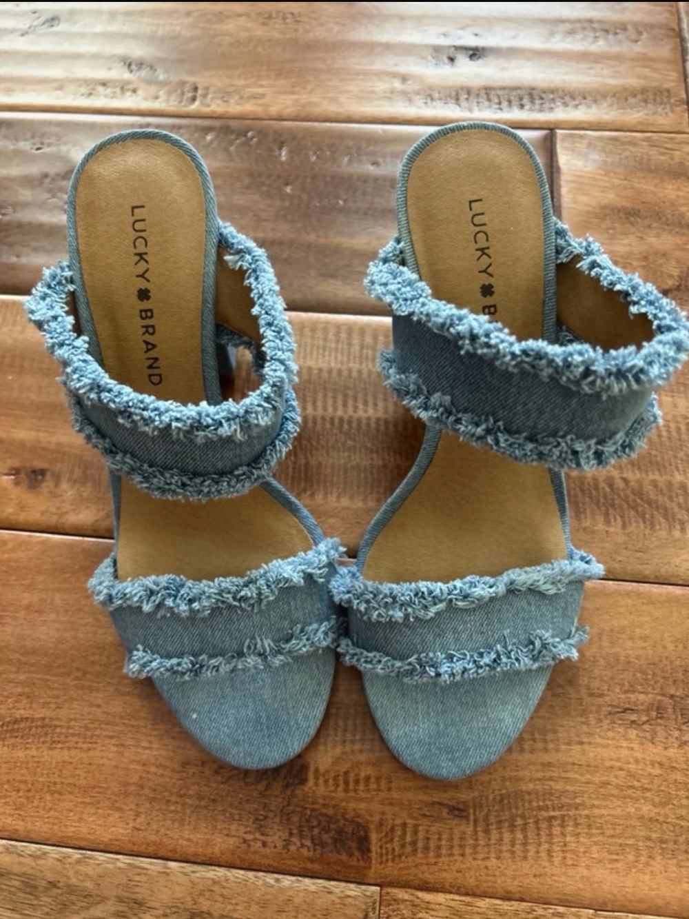 Lucky Brand Light Blue Denim Frayed Strap Heeled Sandals